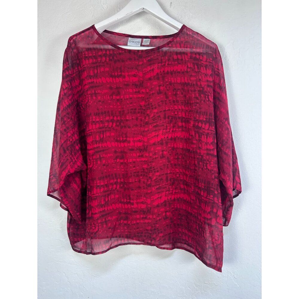 Chico's Womens Red Printed Sheer Silk Blouse Top Size 3 Loose Sleeve Lightweight